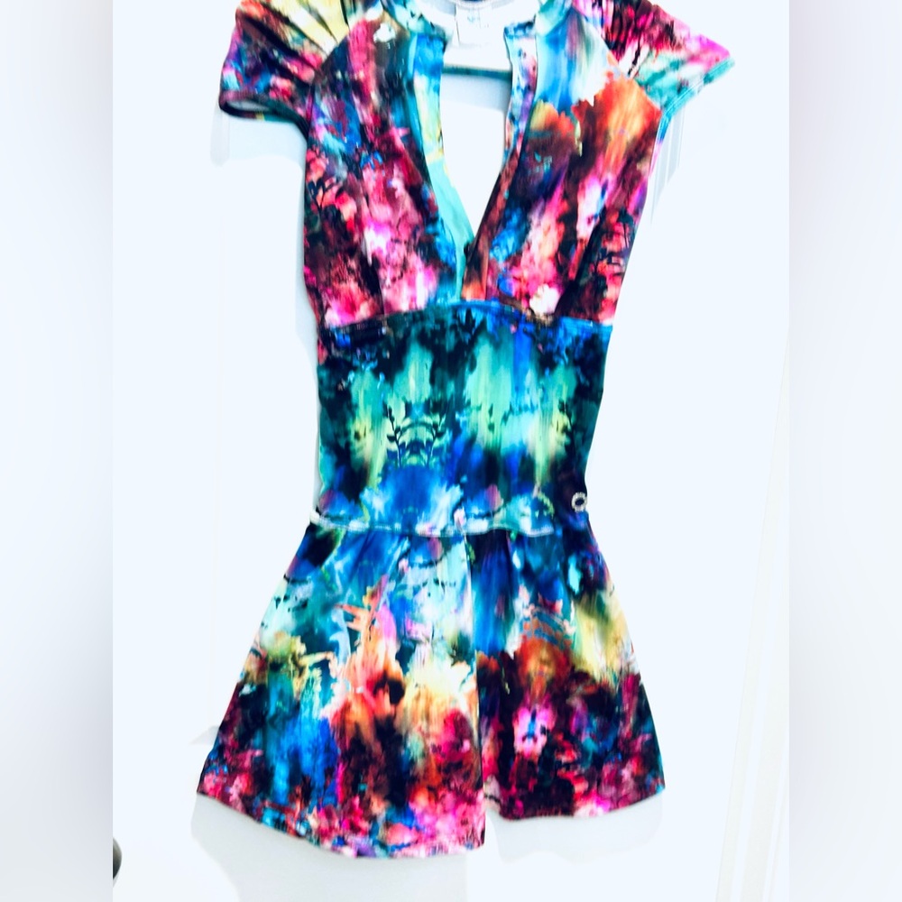 Blue Fish Swim Dress w/ Under Shorts Sleeveless Athletic Tie Dye Mini Si…